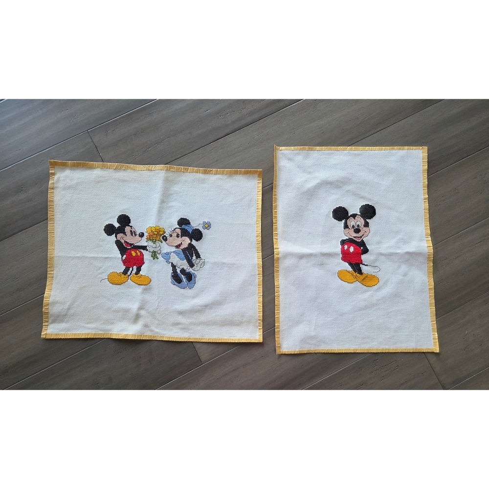Vintage Disney Mickey Minnie Mouse Cross Stitch Set of 2 Finished, Unframed